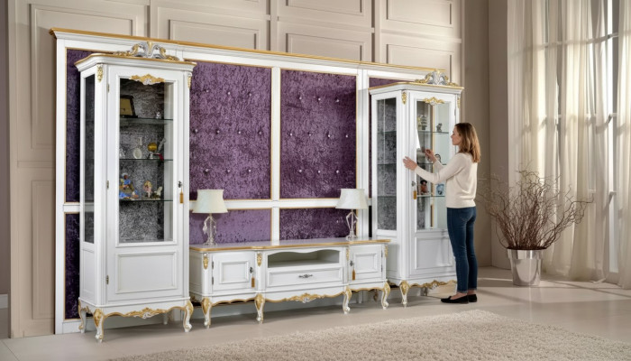 Wohnwand TV Ständer RTV 2x Vitrine Holz Klassische Weiß Wohnzimmer Neu