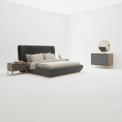 Design Komplett Schlafzimmer Bett Holz 2x Nachttische Kommode mit Spiegel