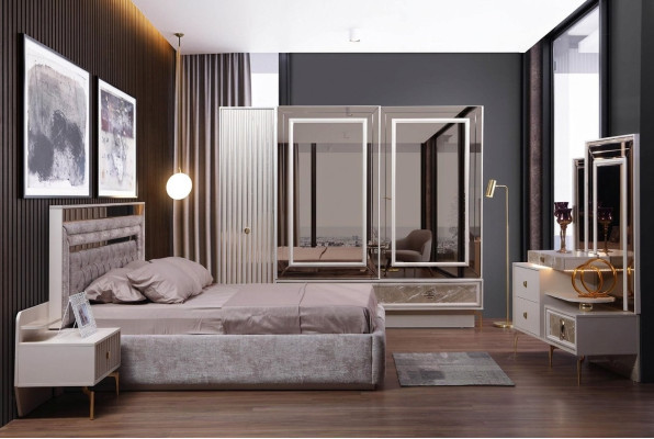 Modernes Komplettes Schlafzimmer Set Designer Bett 2x Nachttische 5tlg