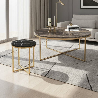 Luxus Runder Couchtisch Mit Beistelltisch Designer Edelstahl Tisch Set