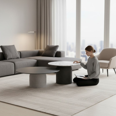 Designer Grauer Couchtisch Set Luxus 2x Tische Runde Beistelltische Neu