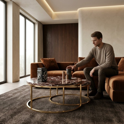 Luxus Marmor Couchtisch + Beistelltisch Set Runde Wohnzimmer Tische 2tlg