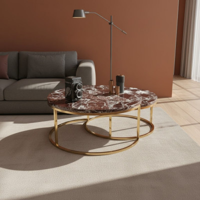 Luxus Marmor Couchtisch + Beistelltisch Set Runde Wohnzimmer Tische 2tlg