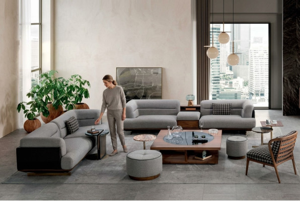 Luxus Wohnzimmer Set Grau Sofa mit Sessel 2x Hocker Modernen Design
