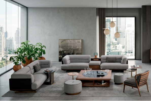 Luxus Wohnzimmer Set Grau Sofa mit Sessel 2x Hocker Modernen Design
