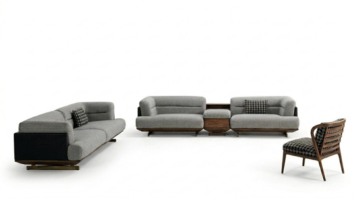 Luxus Wohnzimmer Set Grau Sofa mit Sessel 2x Hocker Modernen Design