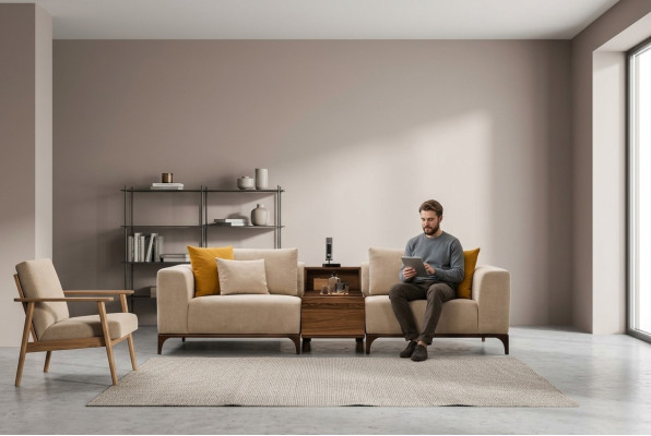 Luxus Wohnzimmer Sofa Modernen Design Holz mit Textilien Zweisitzer