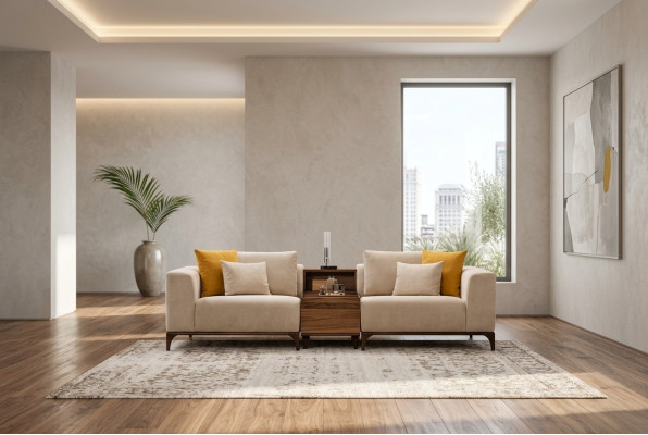 Luxus Wohnzimmer Sofa Modernen Design Holz mit Textilien Zweisitzer