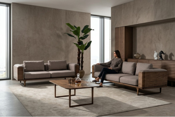Designen Wohnzimmer Set  2x Sofas mit Couchtisch Luxus Holz mit Textil