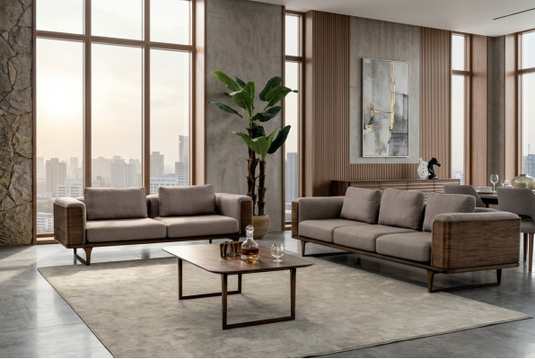 Designen Wohnzimmer Set  2x Sofas mit Couchtisch Luxus Holz mit Textil