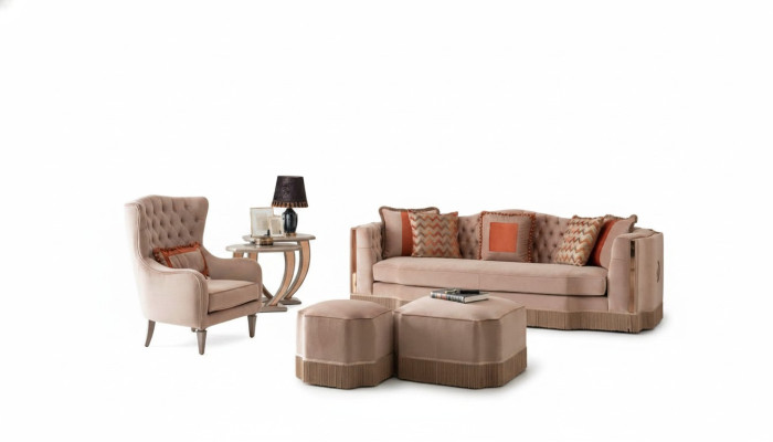 Luxus Wohnzimmer Schiker Sofa 4 Sitzer Sessel mit 2x Hocker Stilvolle Möbel