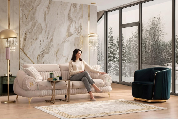 Sofa 3 Sitzer mit Sessel Weiß Elegantes Modern Luxus Design Möbel