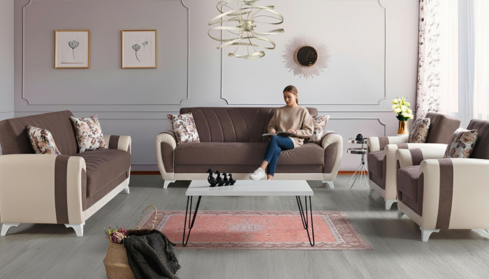 Schlafsofa Sofagarnitur 3+2+1+1 Sitzer Textil Sofa Sessel Komplett Set Braun