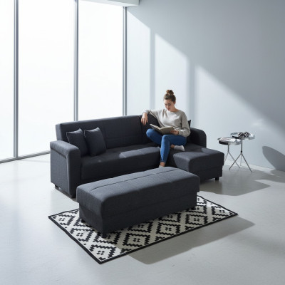 Ecksofa L-Form Hocker Schwarz Komplett Wohnzimmer Set 2tlg. Luxus Möbel