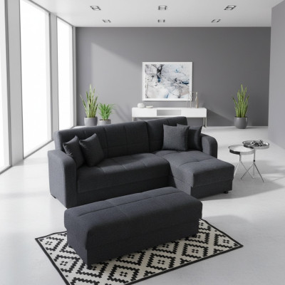 Ecksofa L-Form Hocker Schwarz Komplett Wohnzimmer Set 2tlg. Luxus Möbel