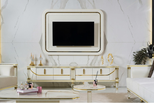 Luxus Wohnwand rtv tv Rahmen Lowboard TV Ständer Weiß Wohnzimmer Möbel Neu
