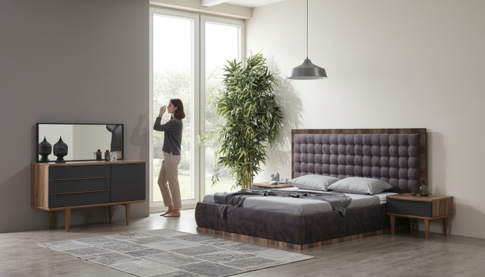 Schlafzimmer Set Bett + 2x Nachttische + Kommode + Spiegel Design Möbel 5tlg