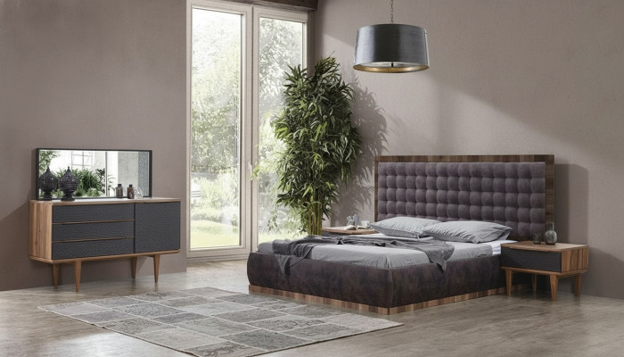 Schlafzimmer Set Bett + 2x Nachttische + Kommode + Spiegel Design Möbel 5tlg
