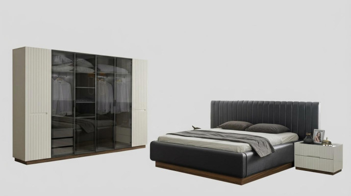 Stilvolle Schlafzimmer Designer Garnitur Textil Doppelbett Edler Schrank