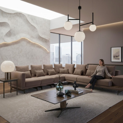 Luxus Designer Komplett Sofa Couch L-Form Einrichtung Holz Couchtisch Neu