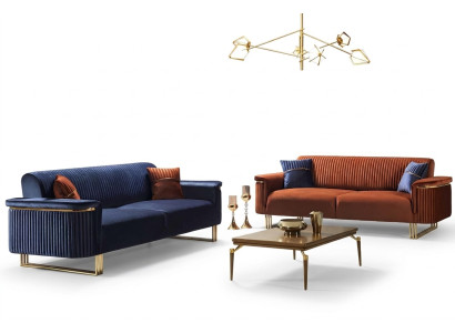 Blau-Oranges Wohnzimmer Sofa-Set Designer Stoffsofas Moderne Möbel 2tlg