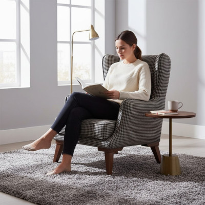 Karierter Sessel Polster 1-Sitzer Grauer Wohnzimmer Textil Lehnsessel