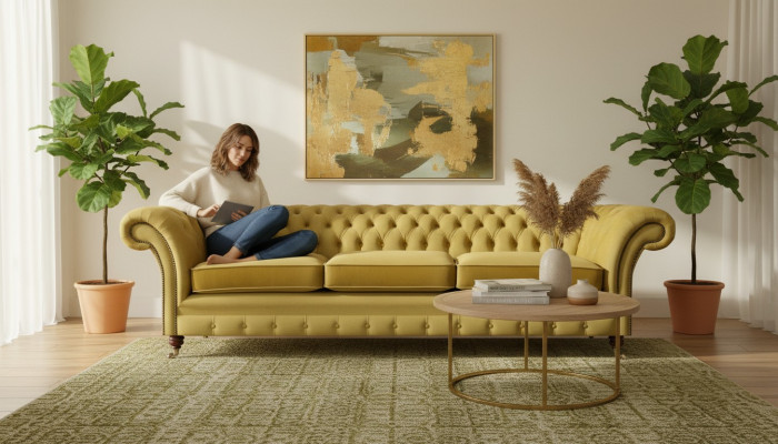 Chesterfield Neu Luxus Sofa Dreisitzer Polstermöbel Modern Gelb Textil