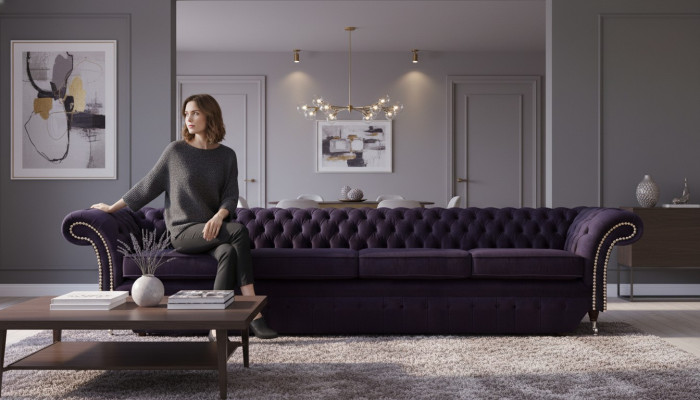 Polster Textil Lila Wohnzimmer Chesterfield Viersitzer Sofa Couch Polstermöbel