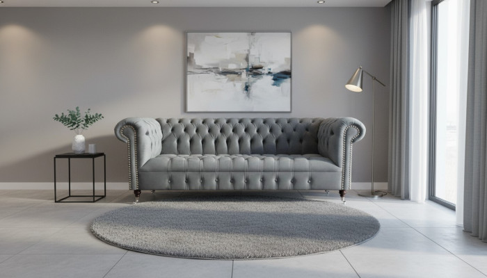Chesterfield Sofa Dreisitzer Wohnzimmer Couch Möbel Grau Textil Neu