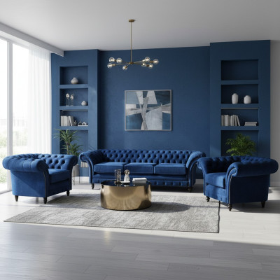 Blau Luxus Sofagarnitur Komplett 3tlg Einrichtung Textil Stoff Chesterfield
