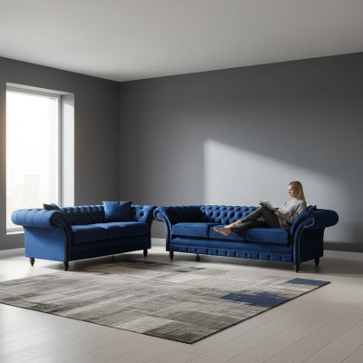 Wohnzimmer 2tlg Dreisitzer Sofa Blau Zweisitzer Sofas Einrichtung Chesterfield