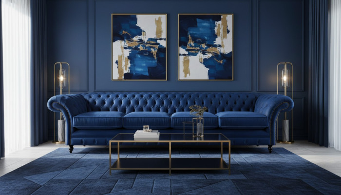 Luxus Design Chesterfield Viersitzer Sofa Blau Couch Einrichtung Wohnzimmer