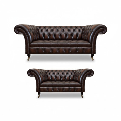 Chesterfield Braun Sofa Set Dreisitzer Sofa Couch Zweisitzer Wohnzimmer Neu