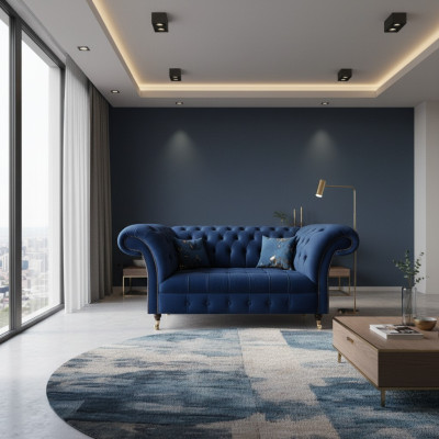 Sofa Zweisitzer Couch Polstermöbel Chesterfield Textil Blau Design Neu