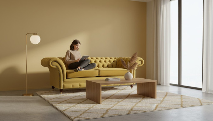 Sofa Couch Zweisitzer Luxus Einrichtung Gelb Chesterfield Wohnzimmer