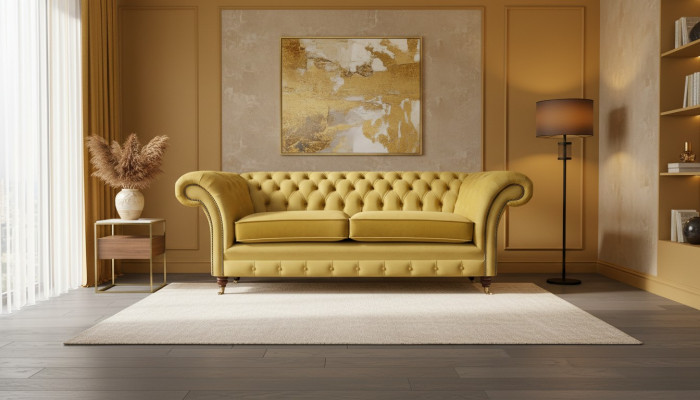 Sofa Couch Zweisitzer Luxus Einrichtung Gelb Chesterfield Wohnzimmer