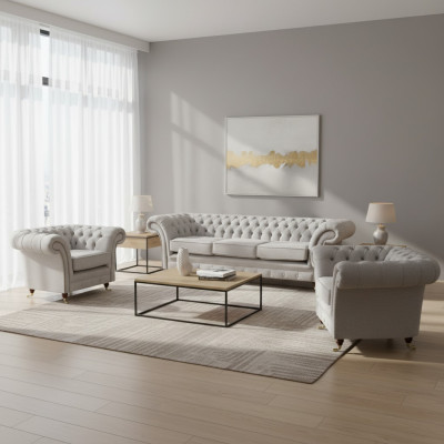 Luxus Einrichtung Neu Sofagarnitur Wohnzimmer Set 3tlg Grau Chesterfield