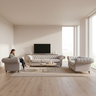 Wohnzimmer Sofas Komplett Sessel Luxus Sitz Grau Chesterfield Polstermöbel