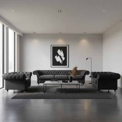 Chesterfield Schwarz Polstermöbel Sofagarnitur Set 3tlg Wohnzimmer 3+1+1