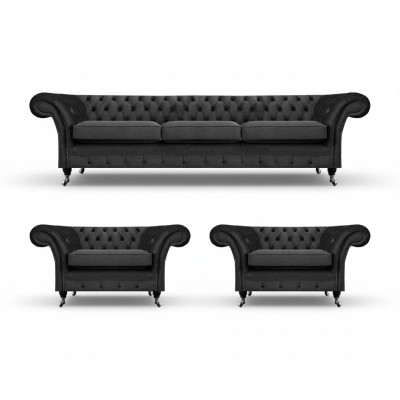 Chesterfield Schwarz Polstermöbel Sofagarnitur Set 3tlg Wohnzimmer 3+1+1