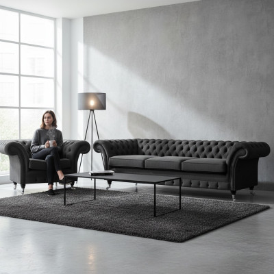 Wohnzimmer Polstermöbel Schwarz Dreisitze Sofa 3+1 Sessel Chesterfield
