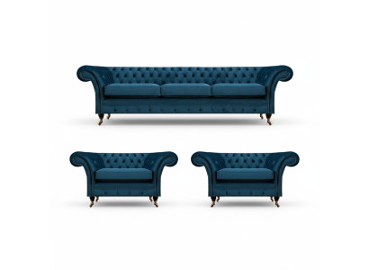 Luxus Blau Wohnzimmer Set Chesterfield Einrichtung Polstermöbel Sofas Textil