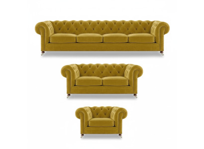 Luxus Gelb Komplett 4+2+1 Wohnzimmer Sessel Chesterfield Textil Polstermöbel