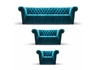 Blau Neu Sofa Set 3tlg Modern Textil Chesterfield Wohnzimmer Komplett