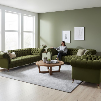 Chesterfield Grün Sofagarnitur Wohnzimmer Luxus Textil Sofas Set Neu