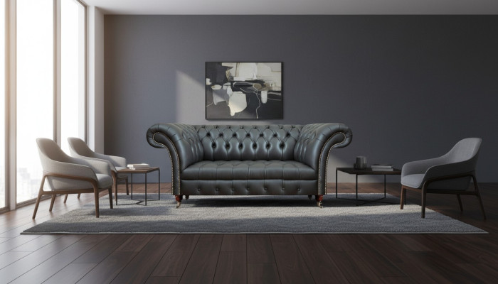 Leder Sofa Zweisitzer Couch Polstermöbel Polster Schwarz Möbel Chesterfield