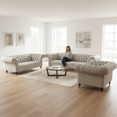 Luxus Design Sofa Set 3tlg Chesterfield Wohnzimmer Weiß Komplett Einrichtung
