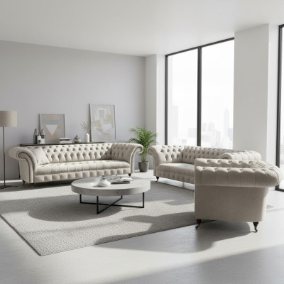 Luxus Design Sofa Set 3tlg Chesterfield Wohnzimmer Weiß Komplett Einrichtung