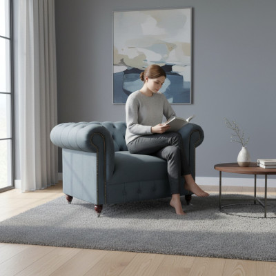 Chesterfield Grauer Stoffsessel Wohnzimmer Textil Einsitzer Edler Sessel