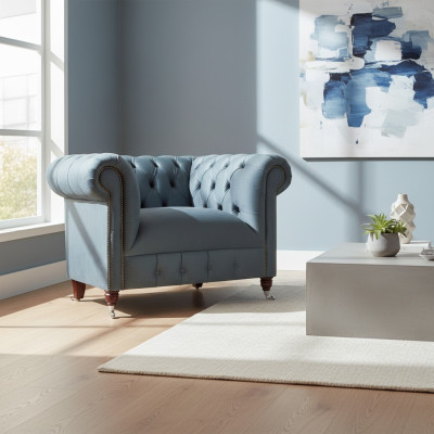 Chesterfield Grauer Stoffsessel Wohnzimmer Textil Einsitzer Edler Sessel